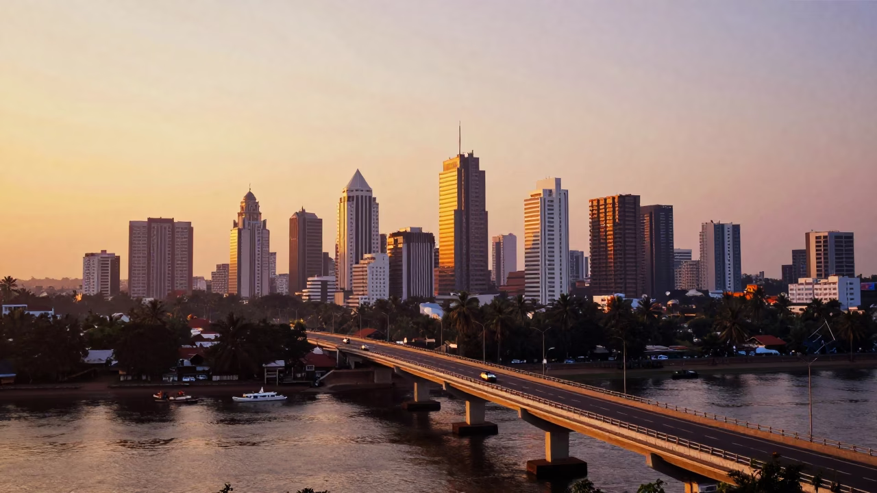 Golden Hour Skyline of Kochi India with Highway Flyover and Backwater Activity in in Kochi, India
