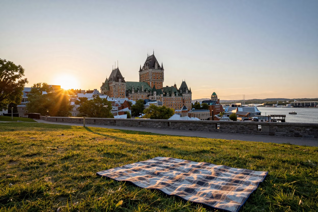 Golden Hour Skyline of Quebec City Old Port and Plains of Abraham Historic Architecture in in Quebec City, Quebec, Canada