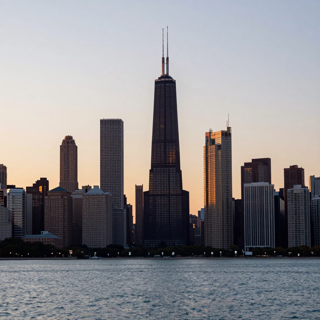 Golden Hour Skyline View of Chicago Illinois Lake Michigan Waterfront and Urban Horizon in in Chicago, Illinois, United States