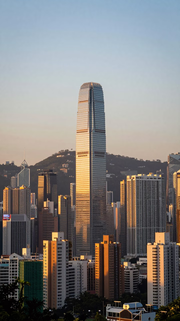 Golden Hour Skyline View of Hong Kong with Scaffold Joints and Traditional Lanterns in in Hong Kong, Hong Kong