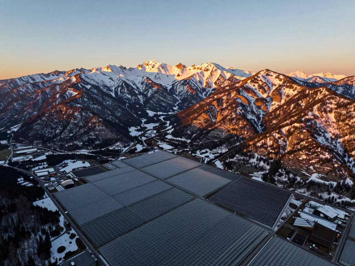 Golden Hour Snow Mountains Over BC Greenhouse Grids in high over greenhouse grids in British Columbia