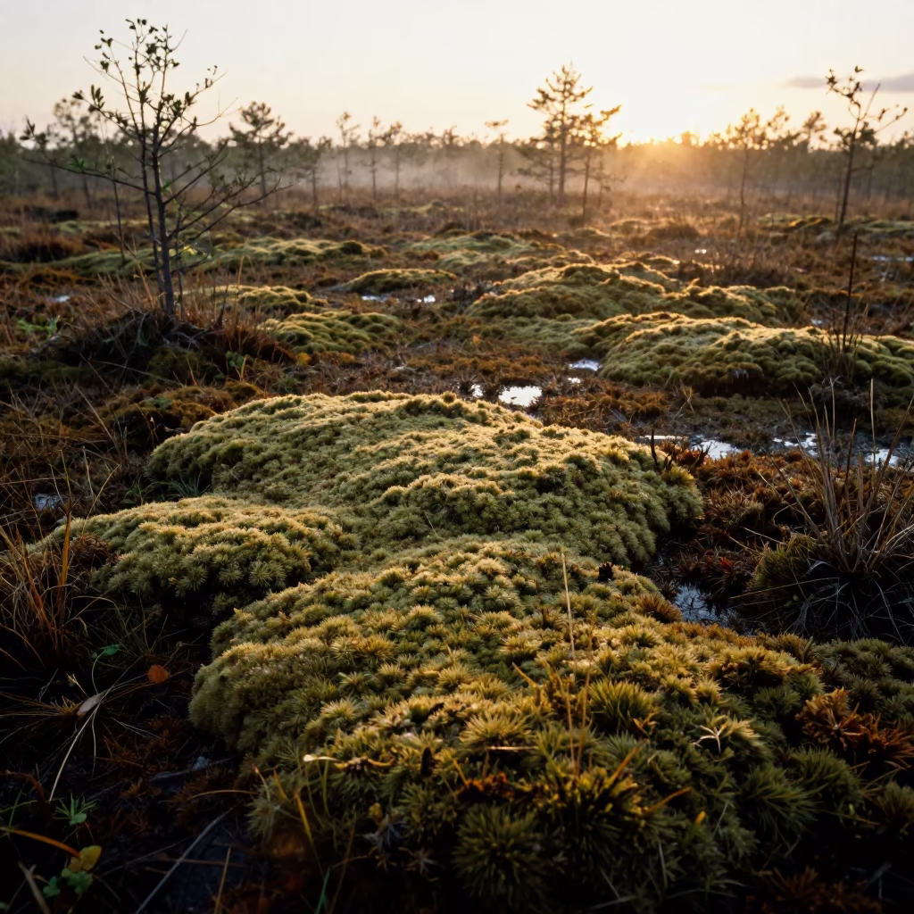 Golden Hour Sphagnum Moss Carpet in Gambian Bog in in Gambia