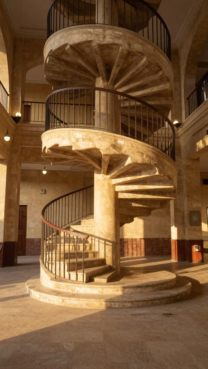 Golden Hour Spiral Staircase in Touba Terminal in inside a restored train terminal in Touba