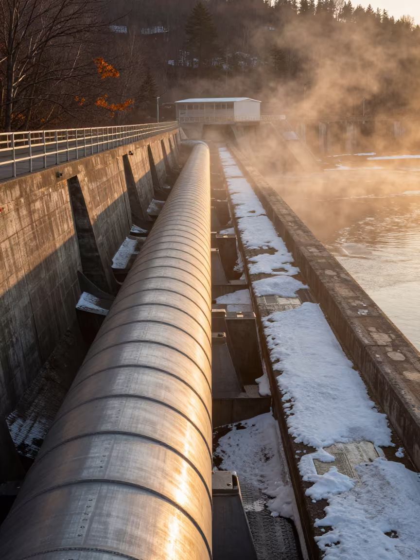 Golden Hour Steel Penstock Bend Maine in along a dam spillway in Maine