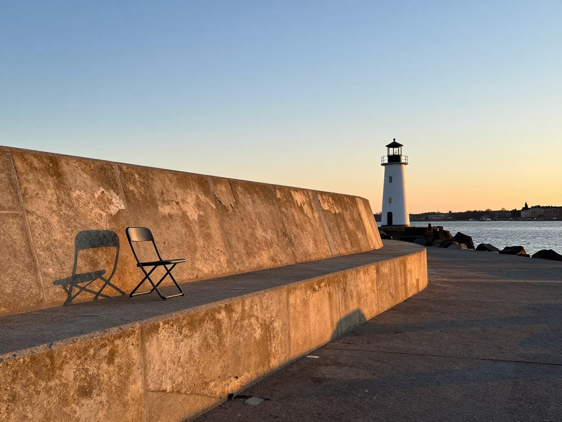 Golden Hour Stockholm Harbor Breakwater and Beacon with Folding Chair in in Stockholm, Sweden