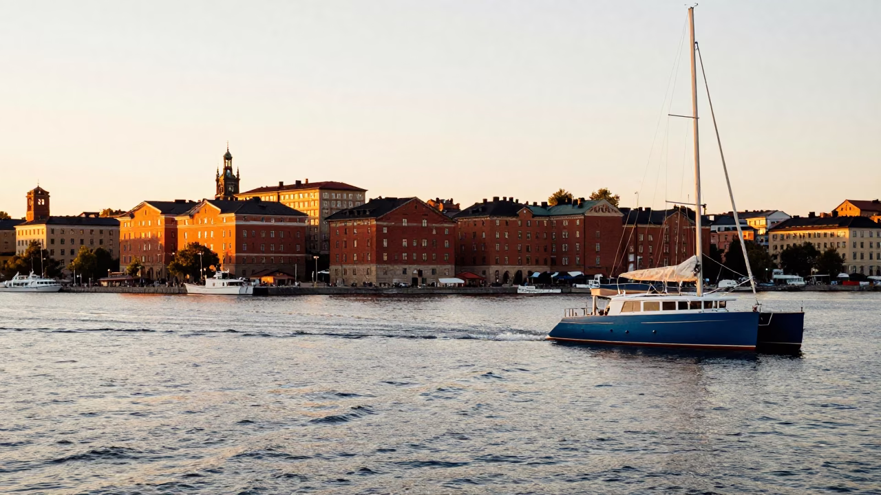 Golden Hour Stockholm Harbor View with Blue Catamaran and City Skyline in in Stockholm, Sweden