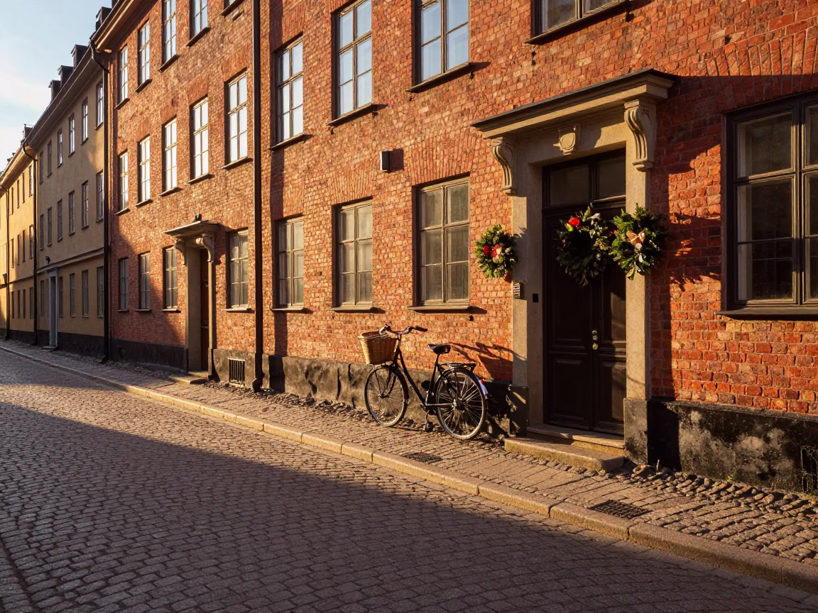 Golden Hour Stockholm Street Scene with Bicycle Basket and Door Wreaths in in Stockholm, Sweden
