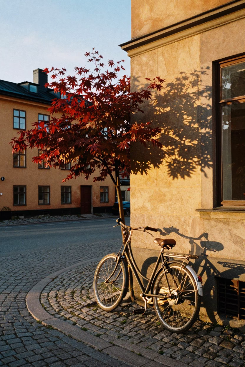 Golden Hour Stockholm Street Scene with Japanese Maple and Vintage Details in in Stockholm, Sweden