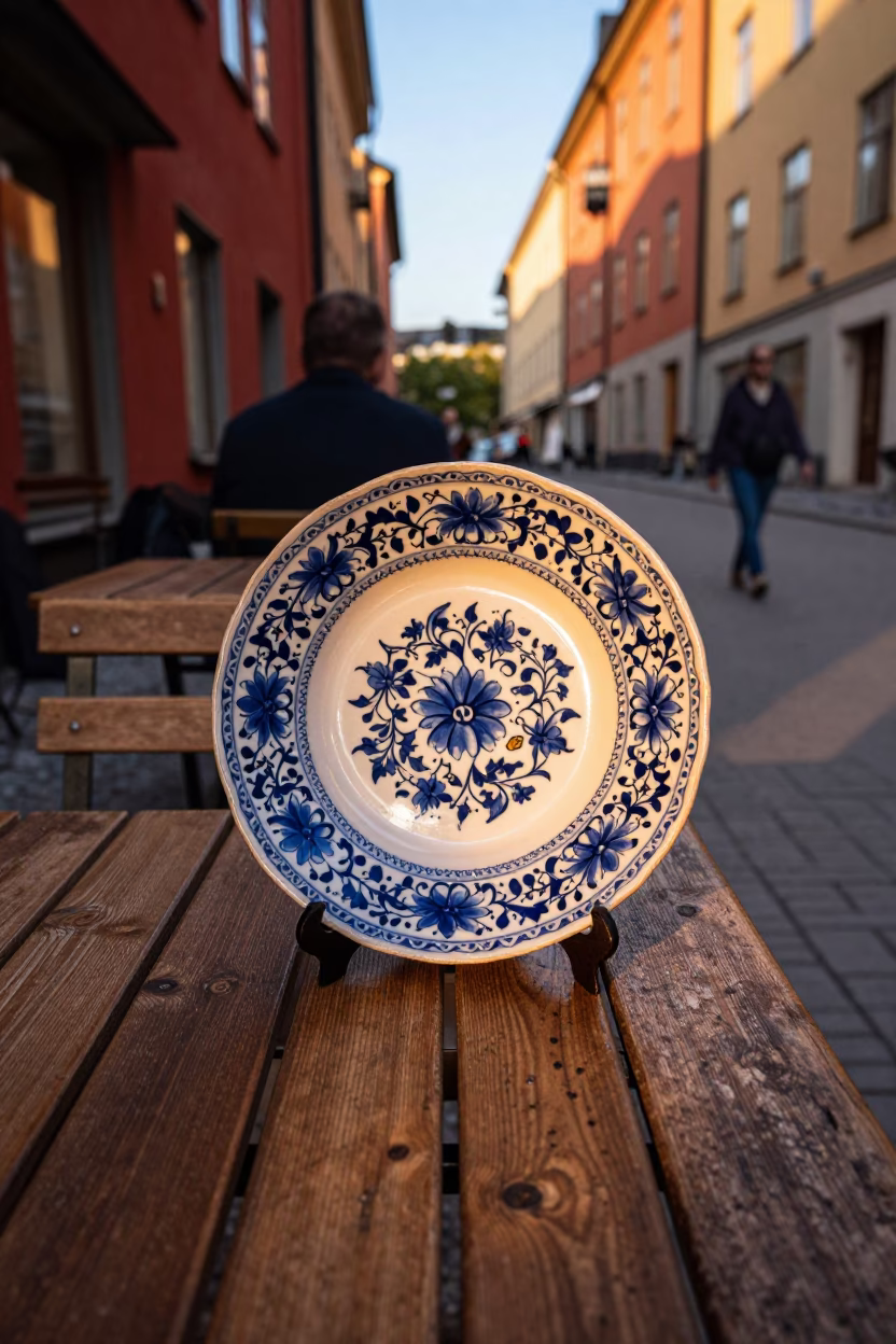 Golden Hour Stockholm Street Scene with Vintage Majolica Plate and Red Wine Glass in in Stockholm, Sweden
