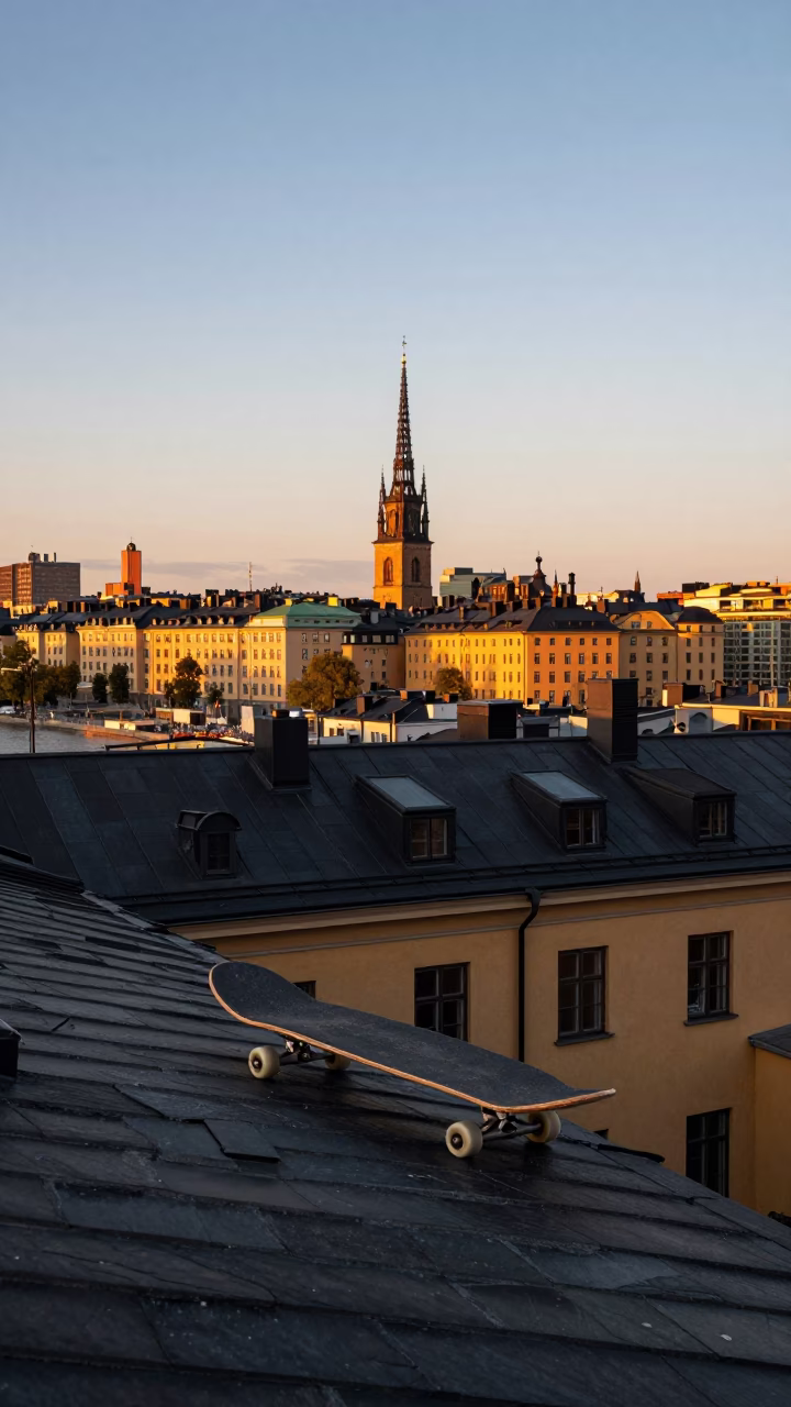 Golden Hour Stockholm Sweden Skyline View from Historic Rooftops with Vintage Skateboard in in Stockholm, Sweden