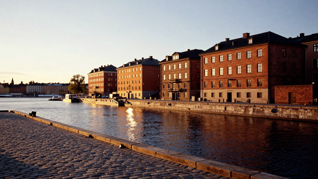 Golden Hour Stockholm Waterfront Landscape with Historic Brick Architecture and Canal Reflections in in Stockholm, Sweden