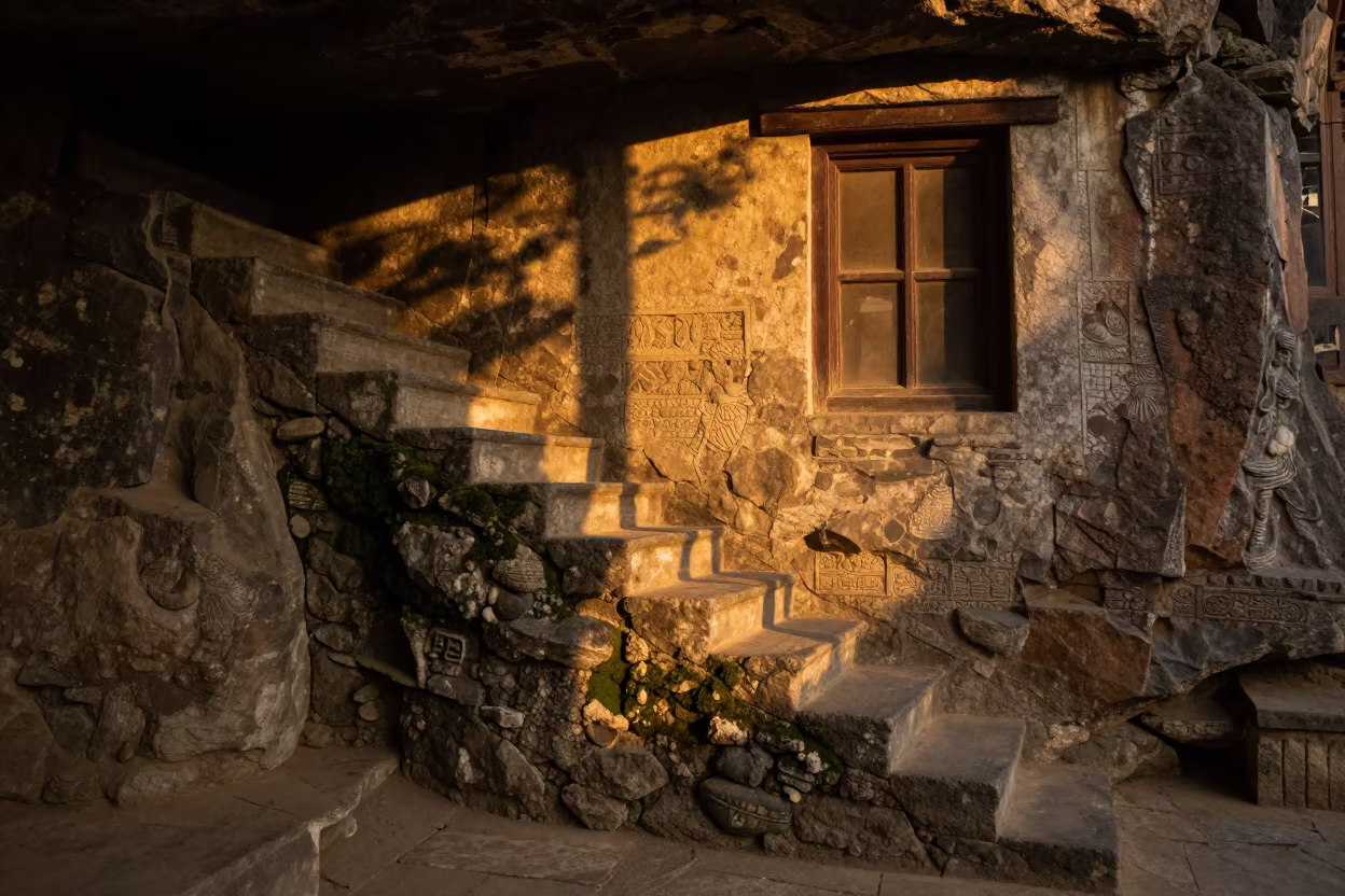 Golden Hour Light on Worn Stone Staircase Cliff in near Pokhara