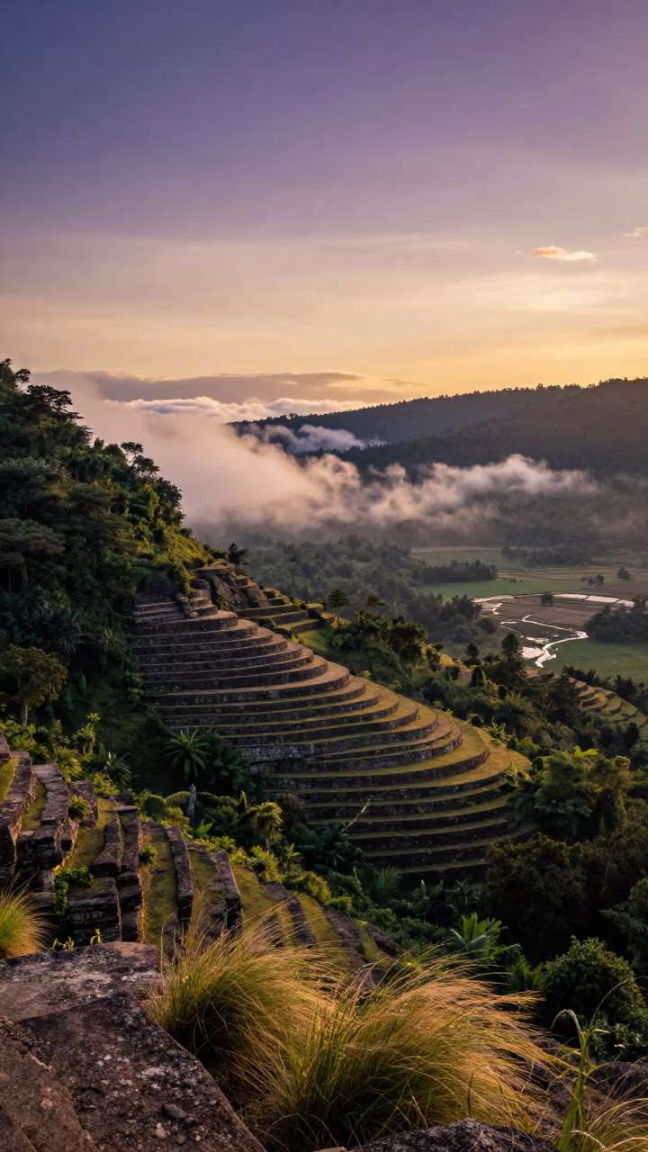 Golden Hour Light on Stone Terraces Above Cloud Forest in across a floodplain after rain near Mansoura