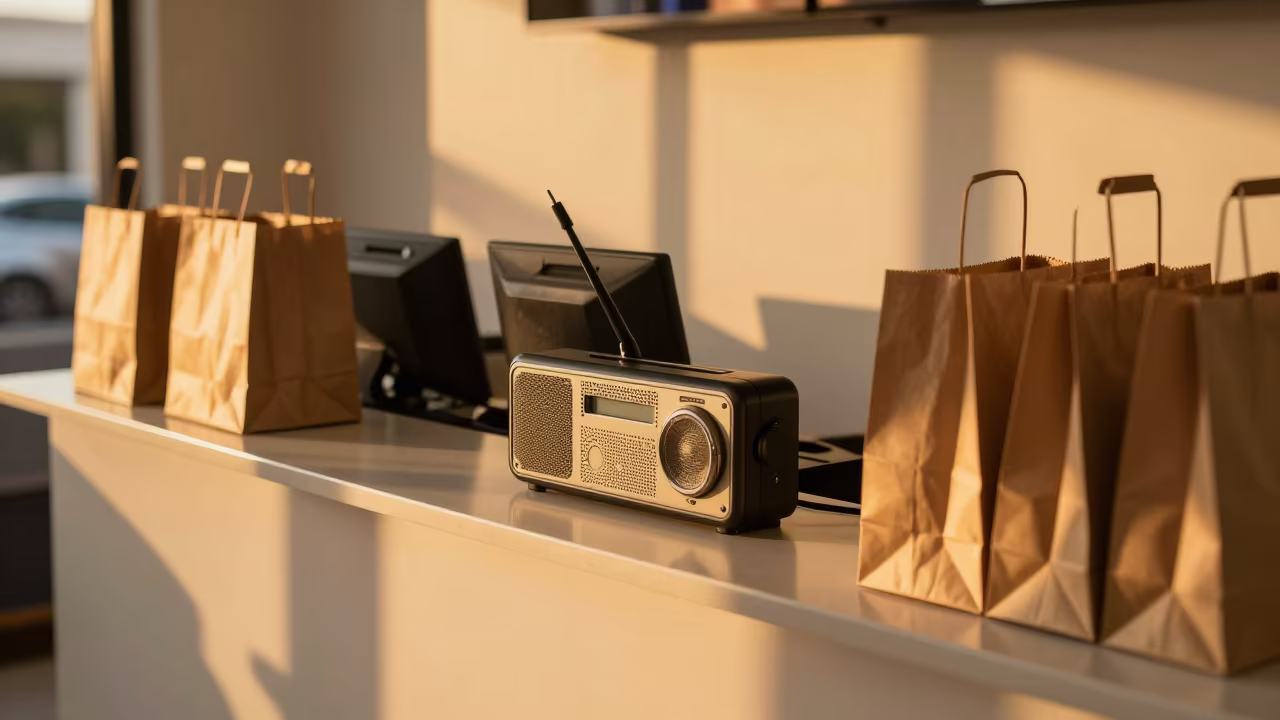 Golden Hour Store Radio Charger Rail Douala in at a cash wrap counter with bags stacked nearby in Douala