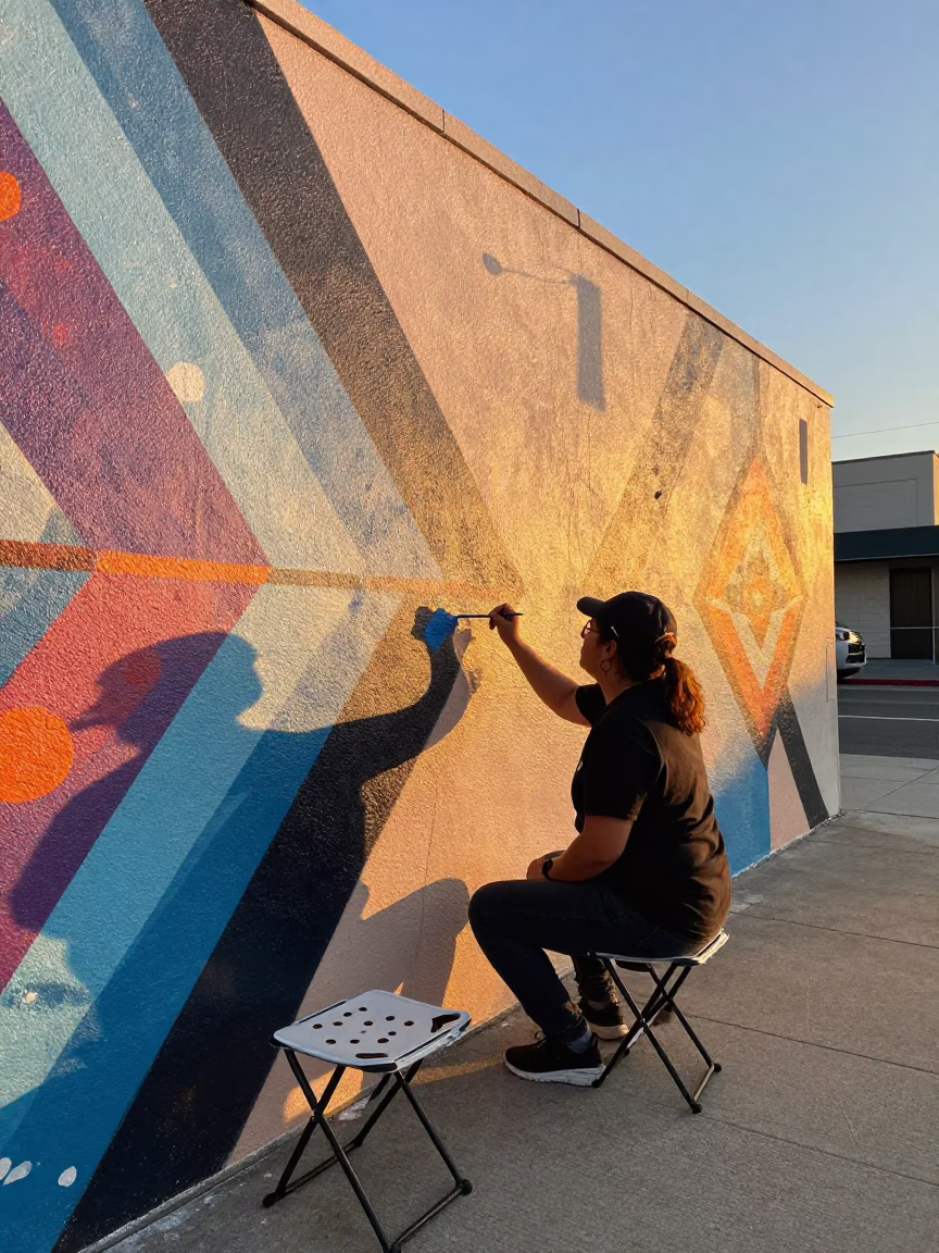 Golden Hour Street Art Scene in San Diego California with Folding Stools in in San Diego, California, United States