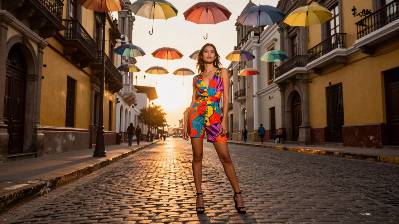 Golden Hour Street Fashion in Lima Peru with Colorful Umbrellas and Coastal Light in in Lima, Peru