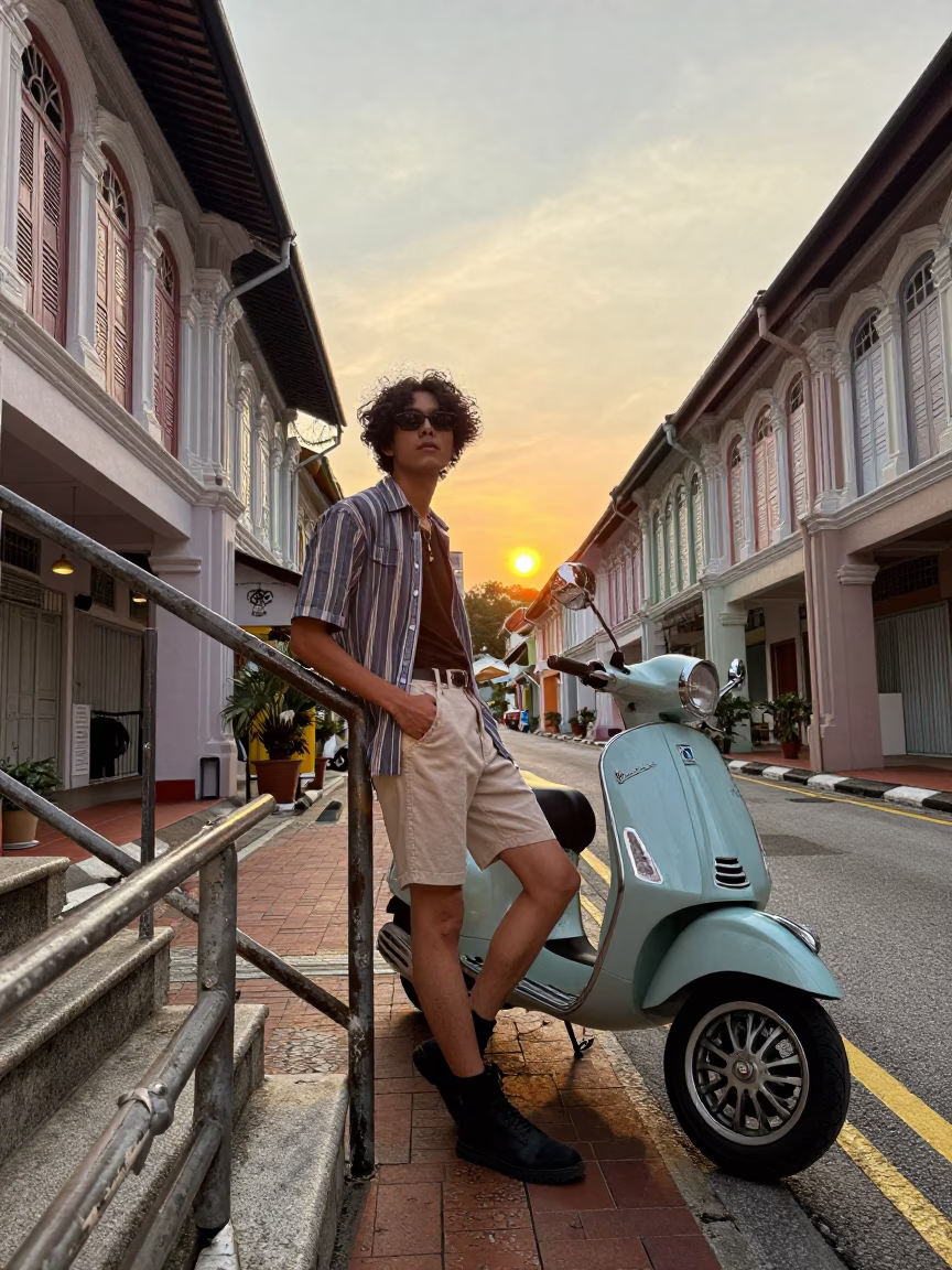 Golden Hour Street Fashion in Singapore with Vintage Vespa and Stair Rail in in Singapore, Singapore
