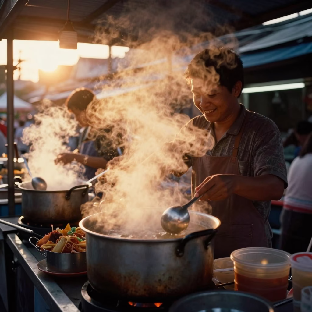 Golden Hour Street Food Scene in Bangkok Thailand with Steam Rising from Hot Bowl in in Bangkok, Thailand