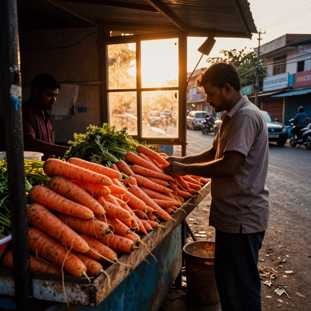 Golden Hour Street Food Scene in Chennai India with Carrots and Window Light in in Chennai, India