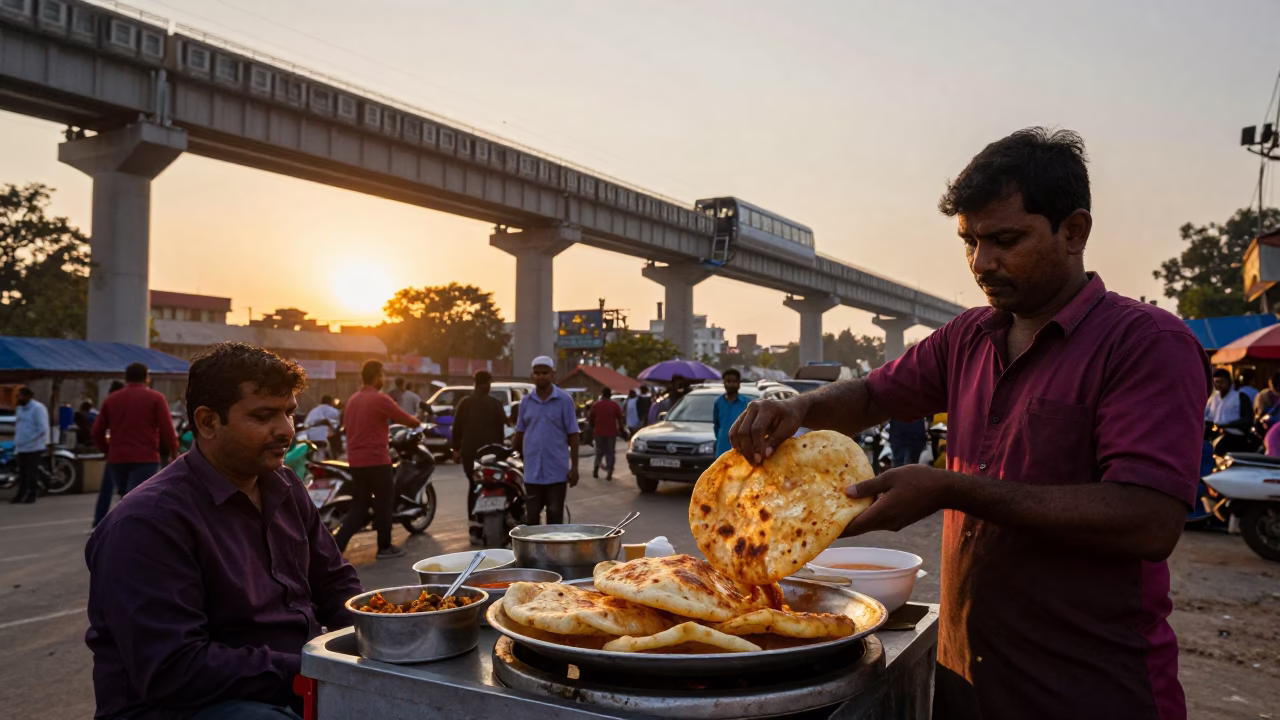 Golden Hour Street Food Scene in Delhi India with Aloo Tikki and Monorail in in Delhi, India