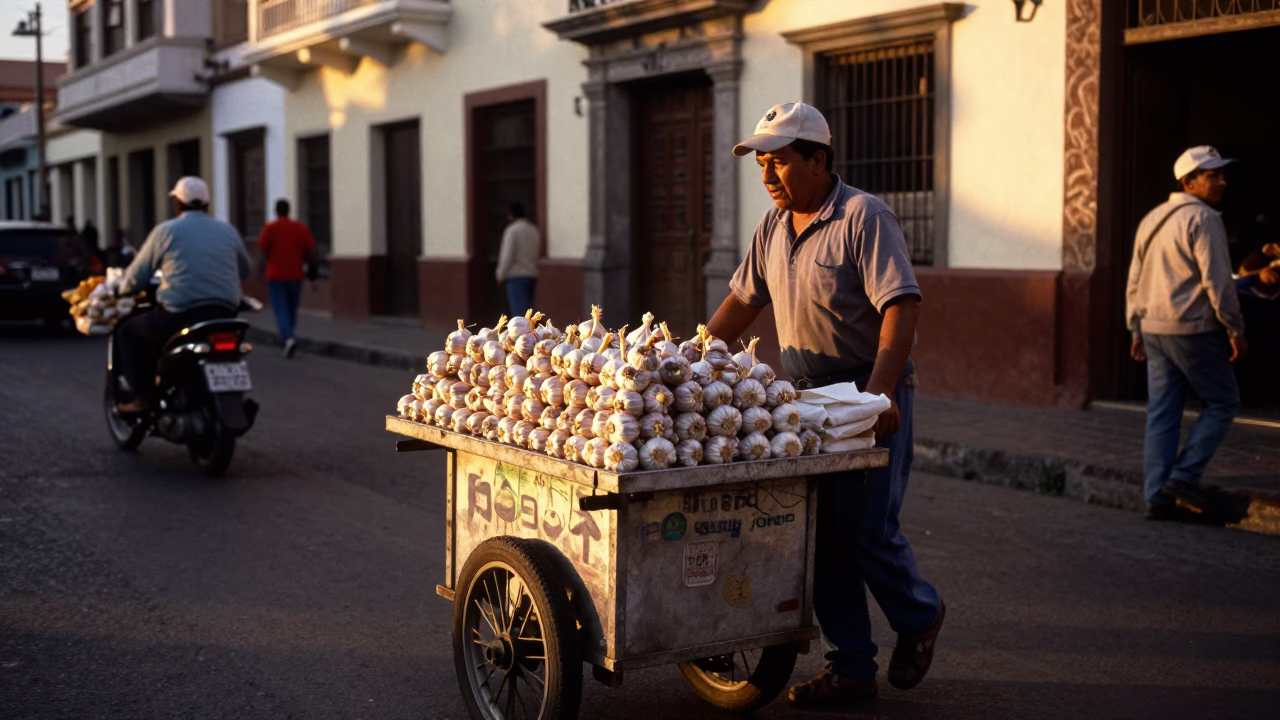 Golden Hour Street Food Scene in Lima Peru with Rolling Carts and Garlic Bulbs in in Lima, Peru