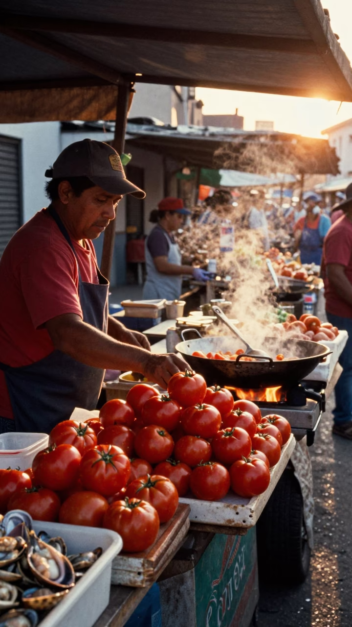 Golden Hour Street Food Scene in Lima Peru with Tomatoes and Seafood in in Lima, Peru
