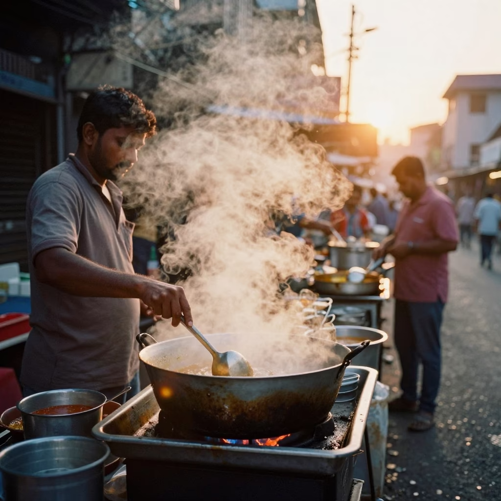 Golden Hour Street Food Scene in Mumbai with Steam Haze and Saucepan in in Mumbai, India