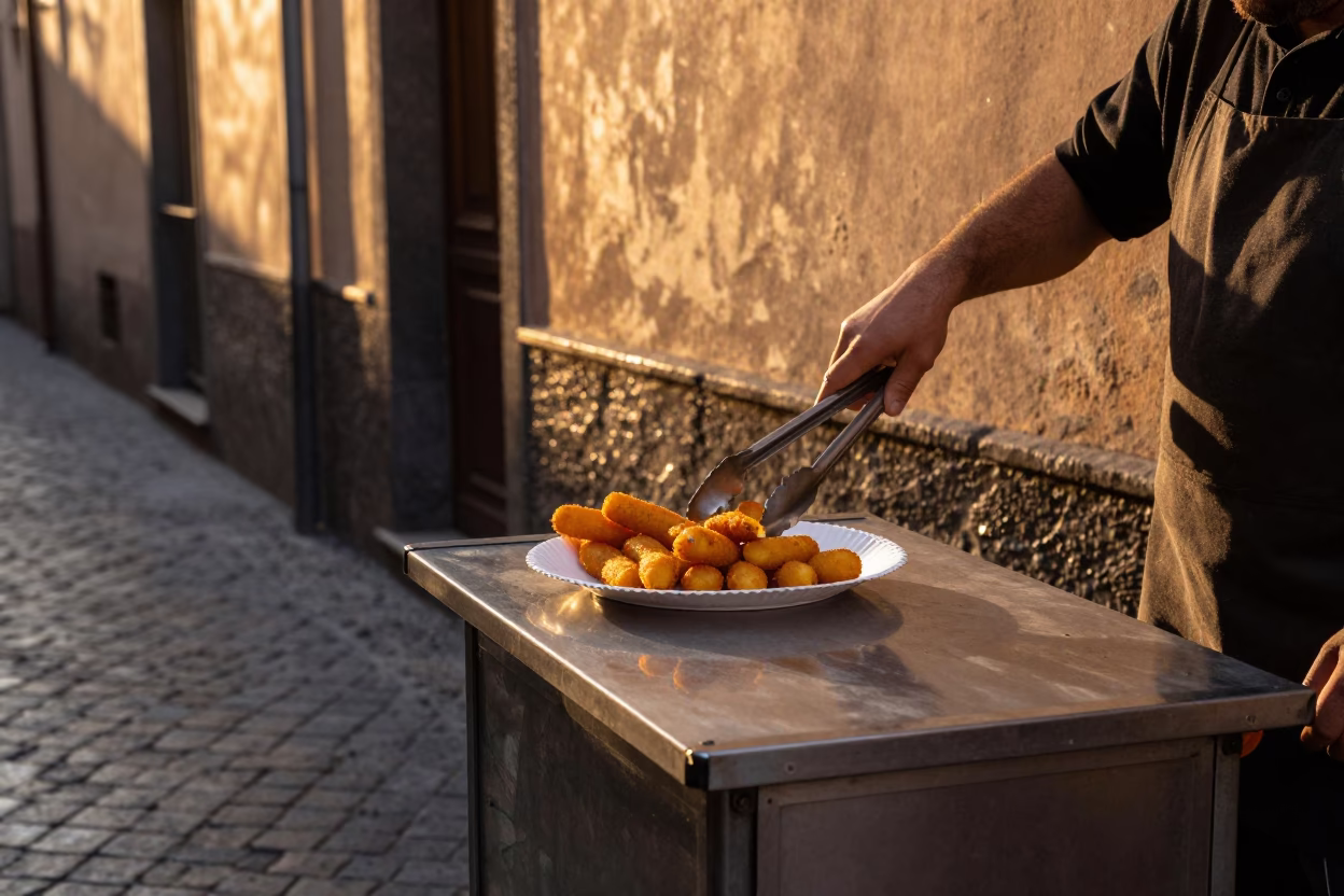 Golden Hour Street Food Scene in Naples Italy with Tongs and Plate in in Naples, Italy