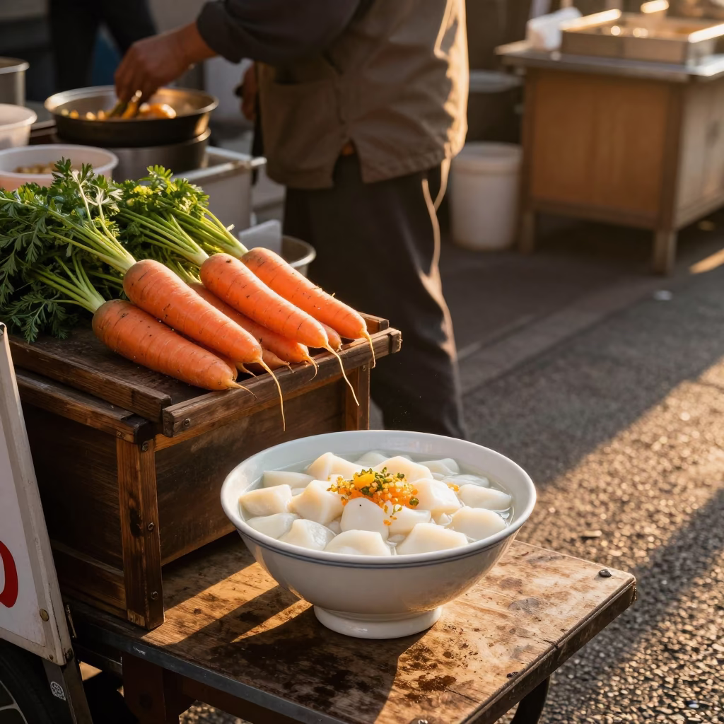 Golden Hour Street Food Scene in Osaka Japan with Taho and Fresh Carrots in in Osaka, Japan