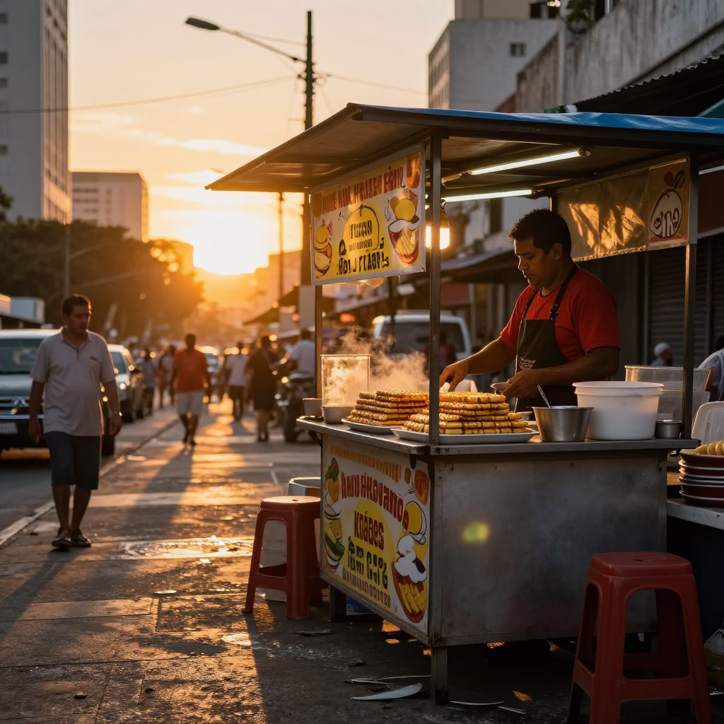 Golden Hour Street Food Scene in São Paulo Brazil with Knafeh and Chairs in in São Paulo, Brazil