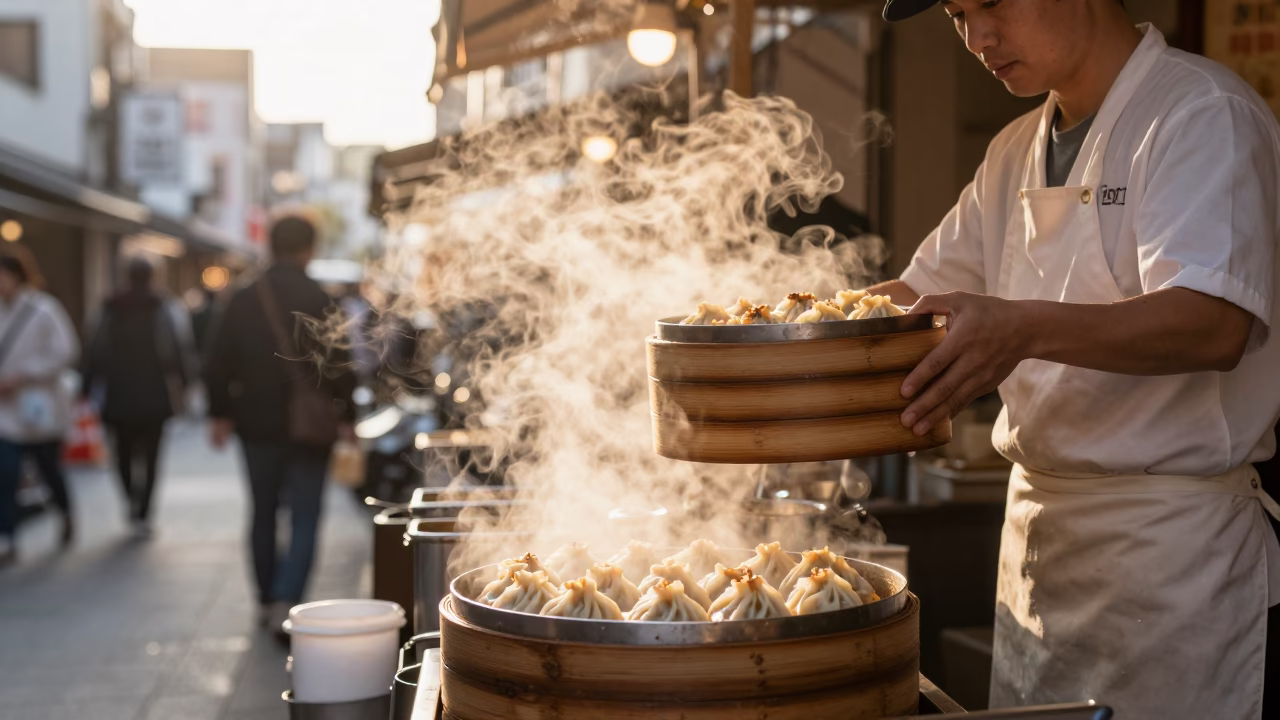 Golden Hour Street Food Scene in Tokyo Japan with Steam Haze and Momos in in Tokyo, Japan