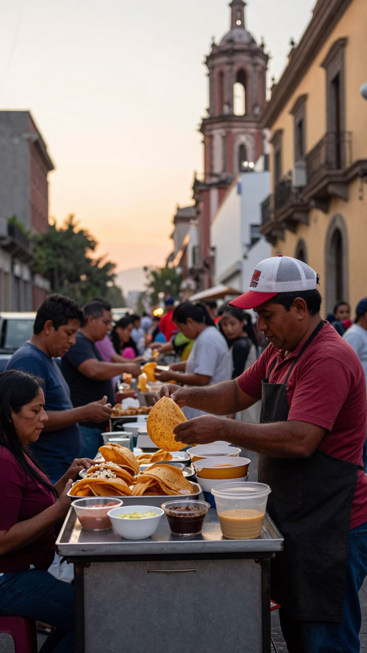 Golden Hour Street Food Vendor in Mexico City Serving Aloo Tikki with Chutneys in in Mexico City, Mexico