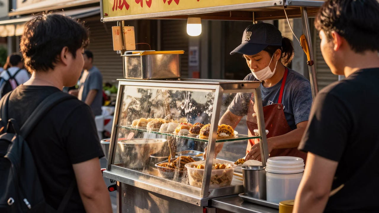 Golden hour street food vendor in Tainan Taiwan serving customers in in Tainan, Taiwan