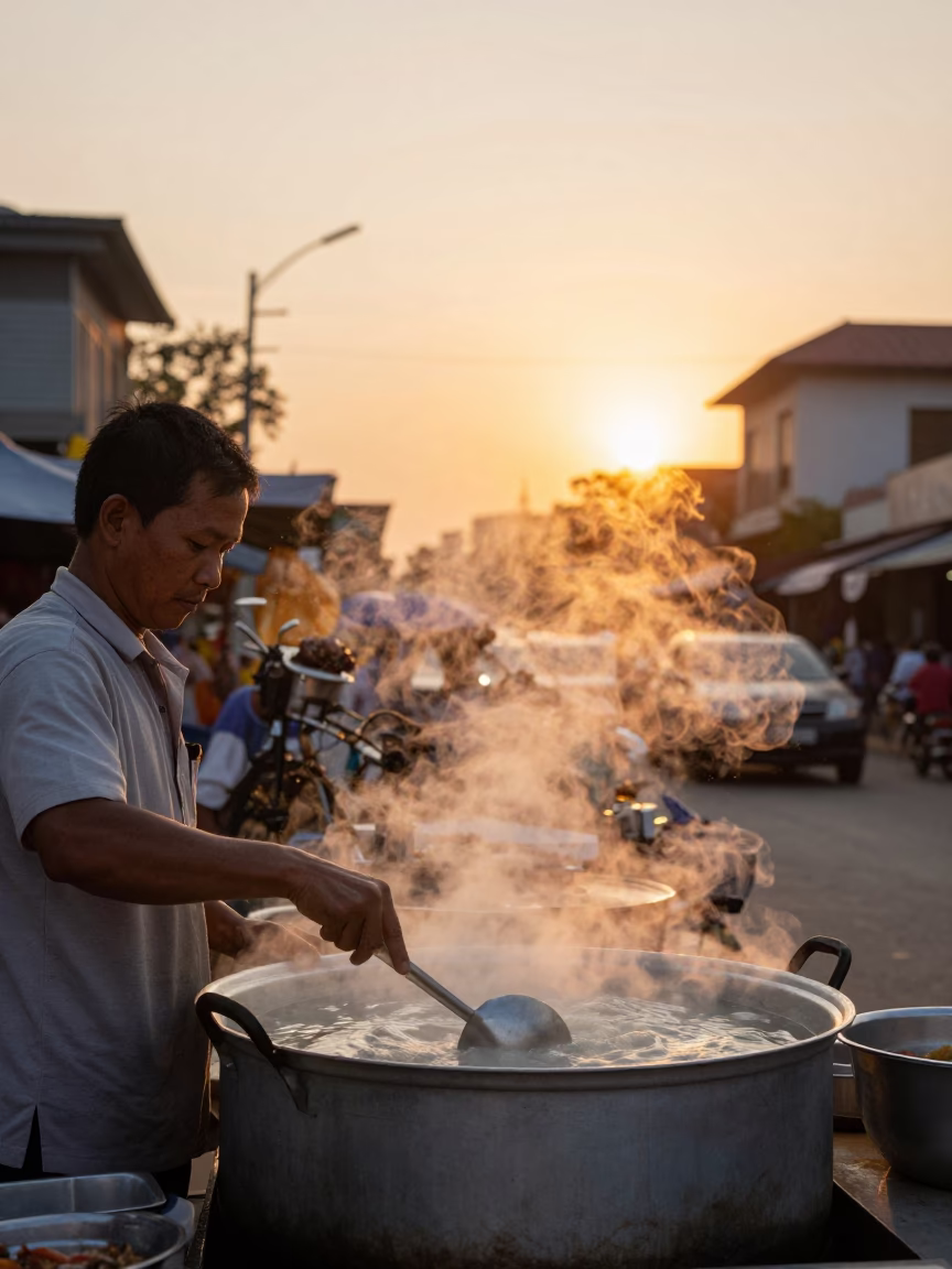 Golden Hour Street Food Vendor Steaming Soup Bowls in Phnom Penh in in Phnom Penh, Cambodia
