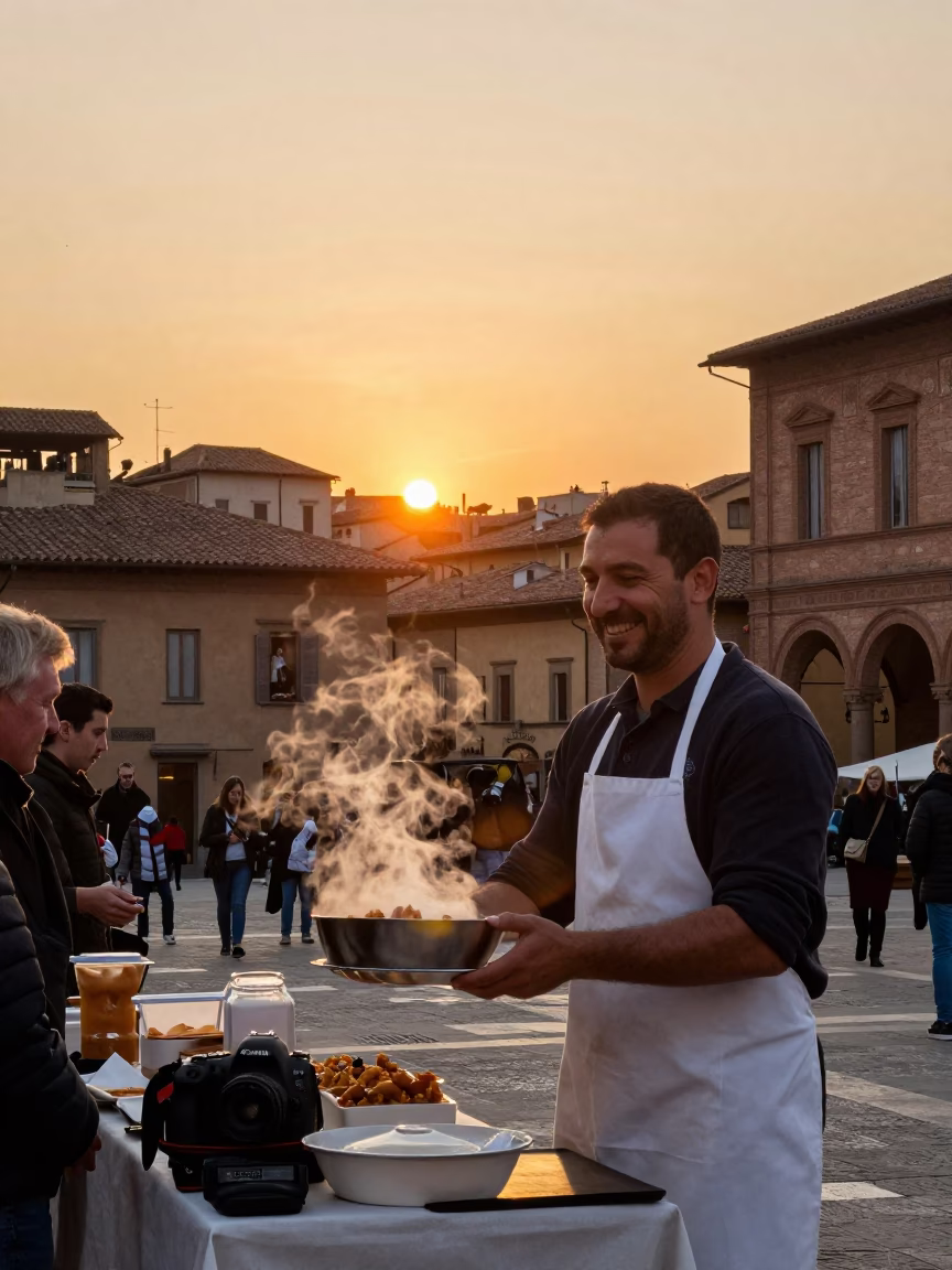 Golden Hour Street Life in Bologna Italy with Traditional Food and Architecture in in Bologna, Italy
