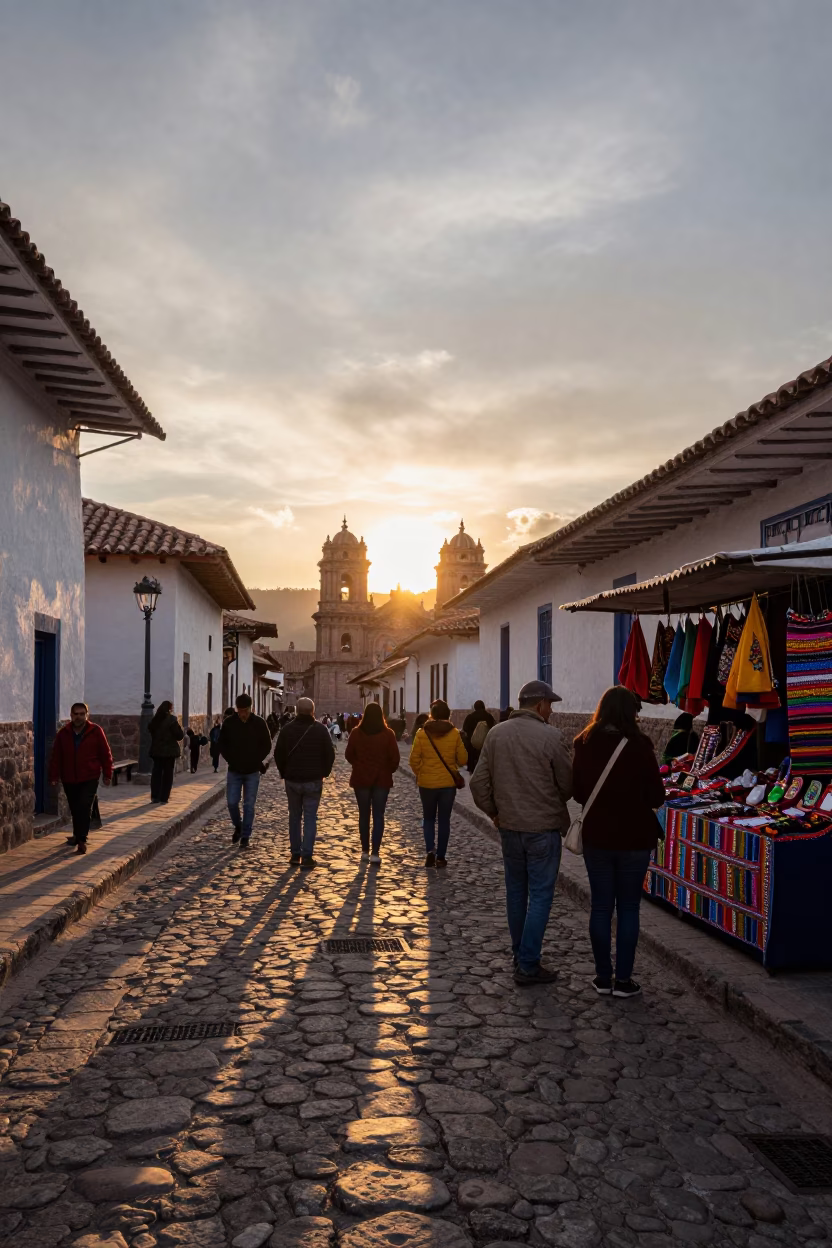 Golden Hour Street Life in Cusco Peru with Tourists and Local Vendors in in Cusco, Peru