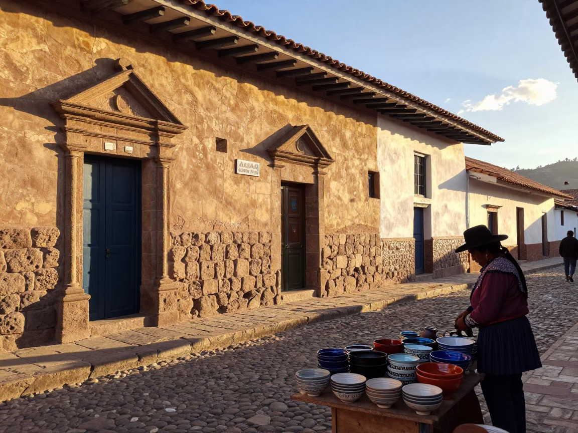 Golden Hour Street Life in Cusco Peru with Traditional Ceramics and Local Market Activity in in Cusco, Peru