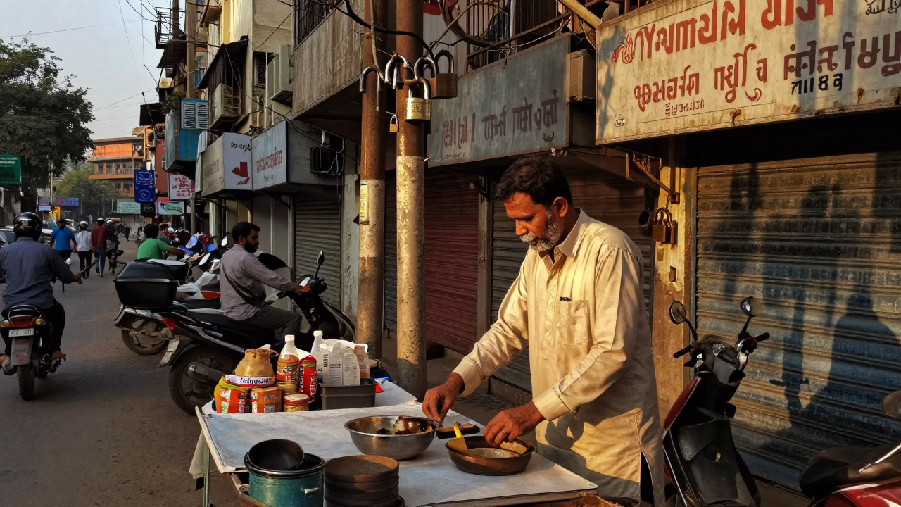 Golden Hour Street Life in Delhi India with Padlock and Urban Details in in Delhi, India