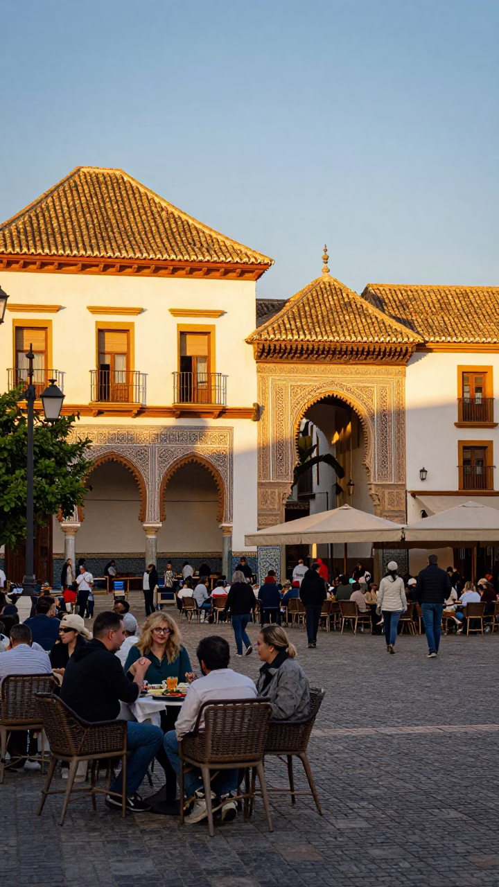 Golden Hour Street Life in Granada Spain with Traditional Tapas and Historic Architecture in in Granada, Spain