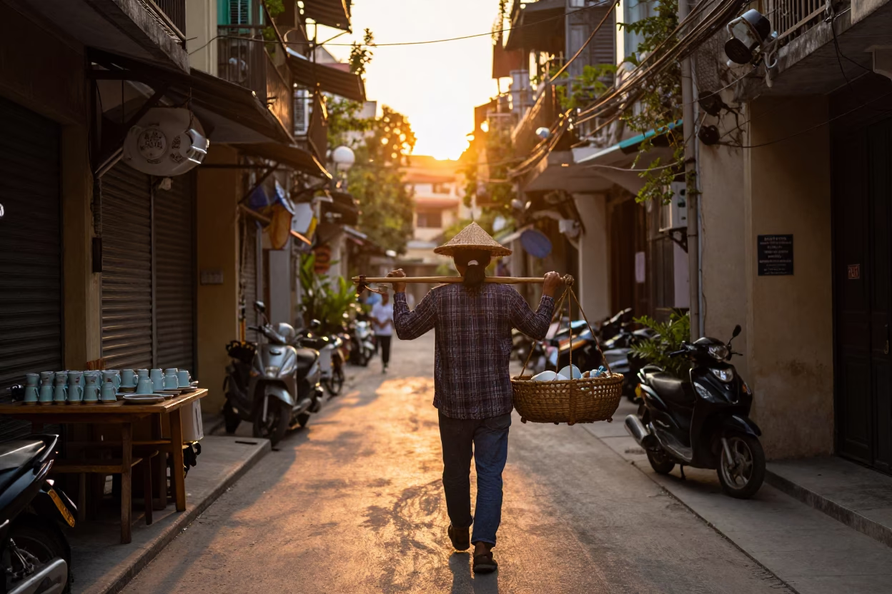 Golden Hour Street Life in Hanoi Vietnam with Ceramic Mugs and Broom in in Hanoi, Vietnam