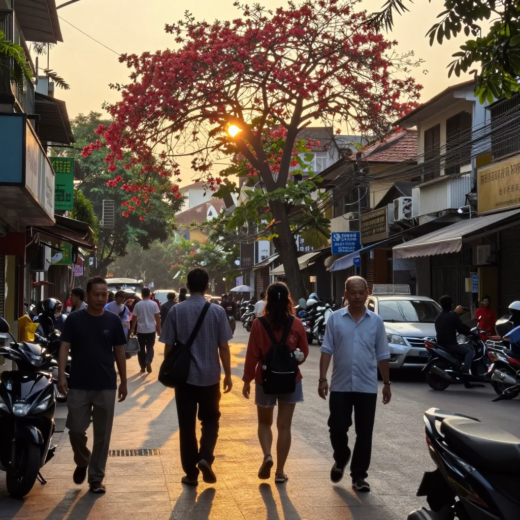 Golden Hour Street Life in Hanoi Vietnam with Flame Tree Bloom and Chaat Bowl in in Hanoi, Vietnam