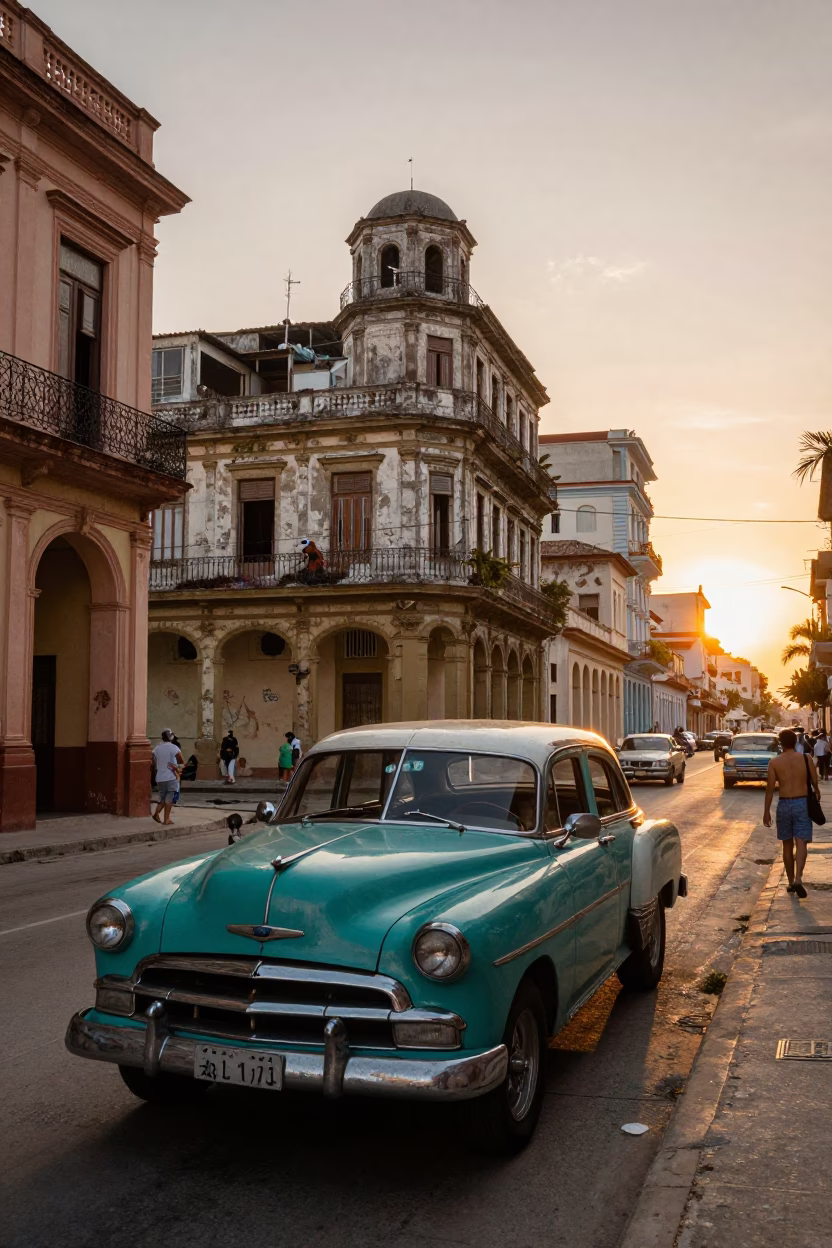 Golden Hour Street Life in Havana Cuba with Vintage Cars and Colorful Colonial Architecture in in Havana, Cuba