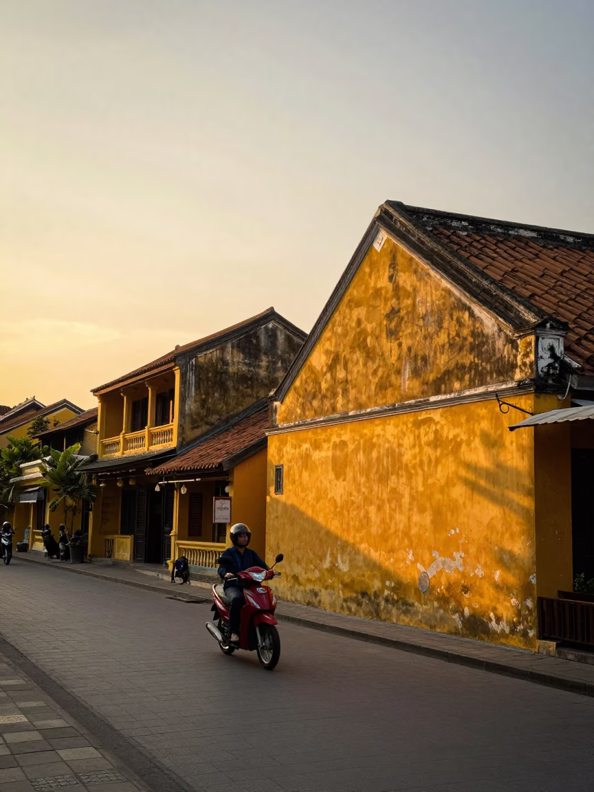 Golden Hour Street Life in Hoi An Vietnam with Yellow Buildings and Lanterns in in Hoi An, Vietnam