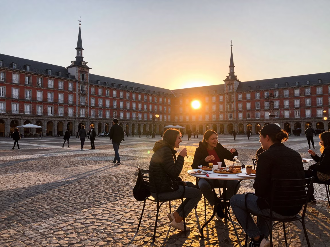 Golden Hour Street Life in Madrid Spain with Tourists and Historic Architecture in in Madrid, Spain