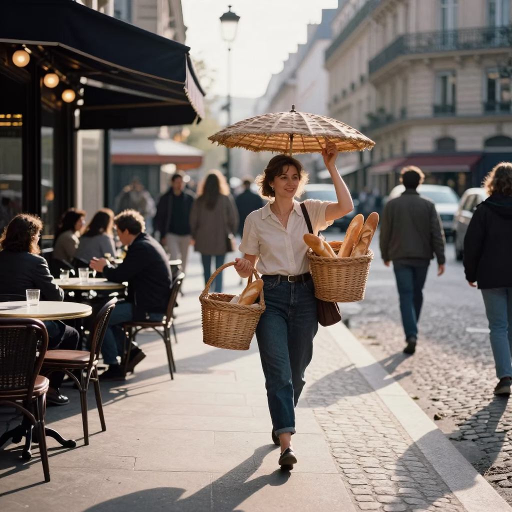 Golden Hour Street Life in Paris France with Basket and Parasol in in Paris, France