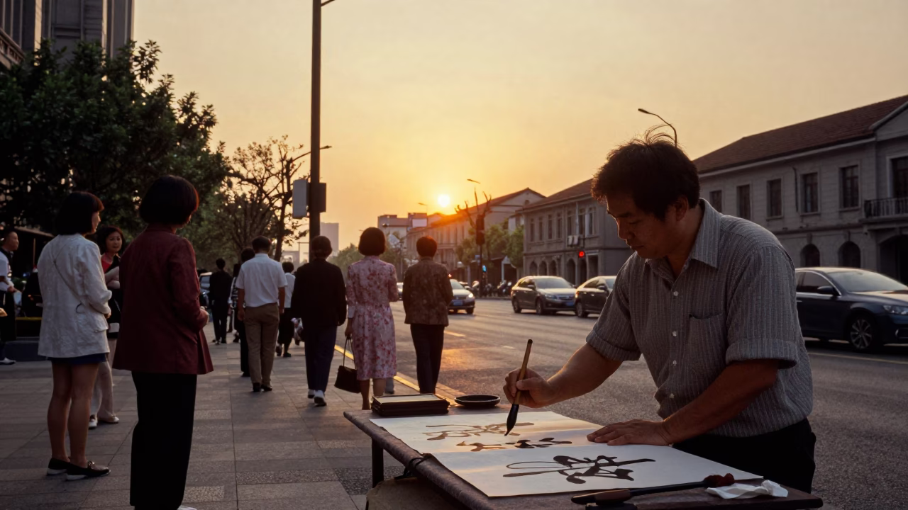 Golden Hour Street Life in Shanghai China with Traditional Calligraphy Demonstration in in Shanghai, China