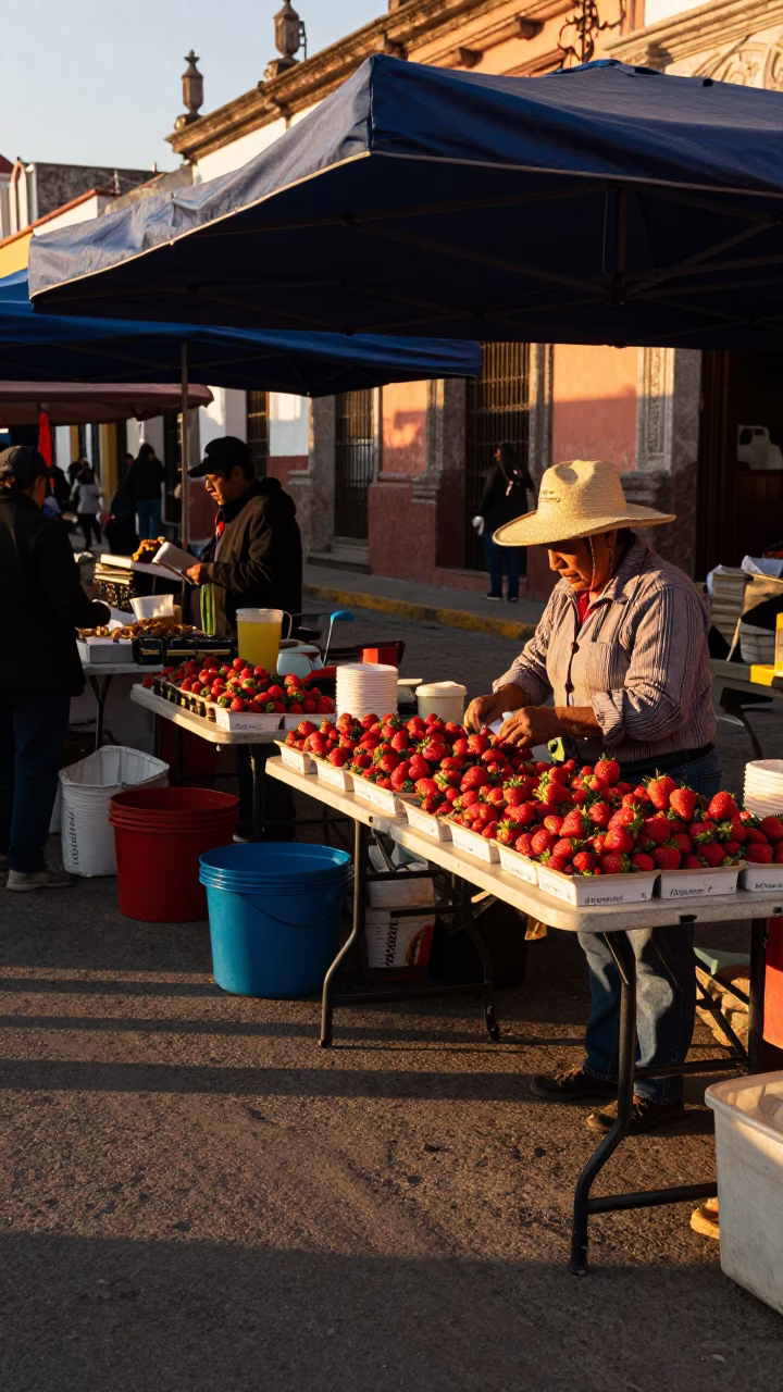 Golden Hour Street Market Scene in Merida Mexico with Folding Tables in in Merida, Mexico