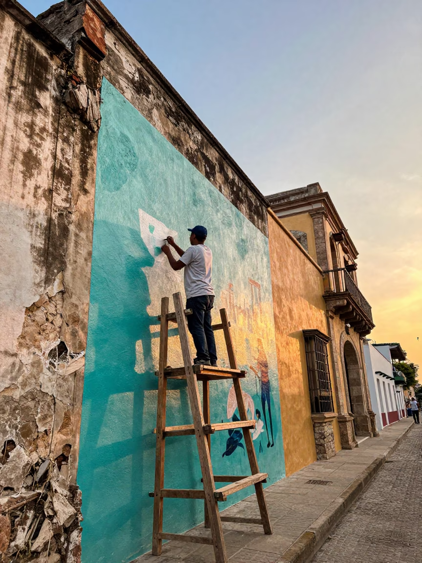 Golden Hour Street Mural Painting in Cartagena Colombia Historic Walled City in in Cartagena, Colombia