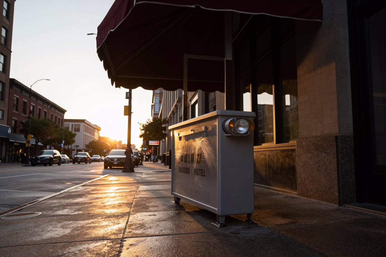 Golden Hour Street Photography Chicago Valet Stand Hotel Awnings Headlight Streaks 1990s Style in in Chicago, Illinois, United States