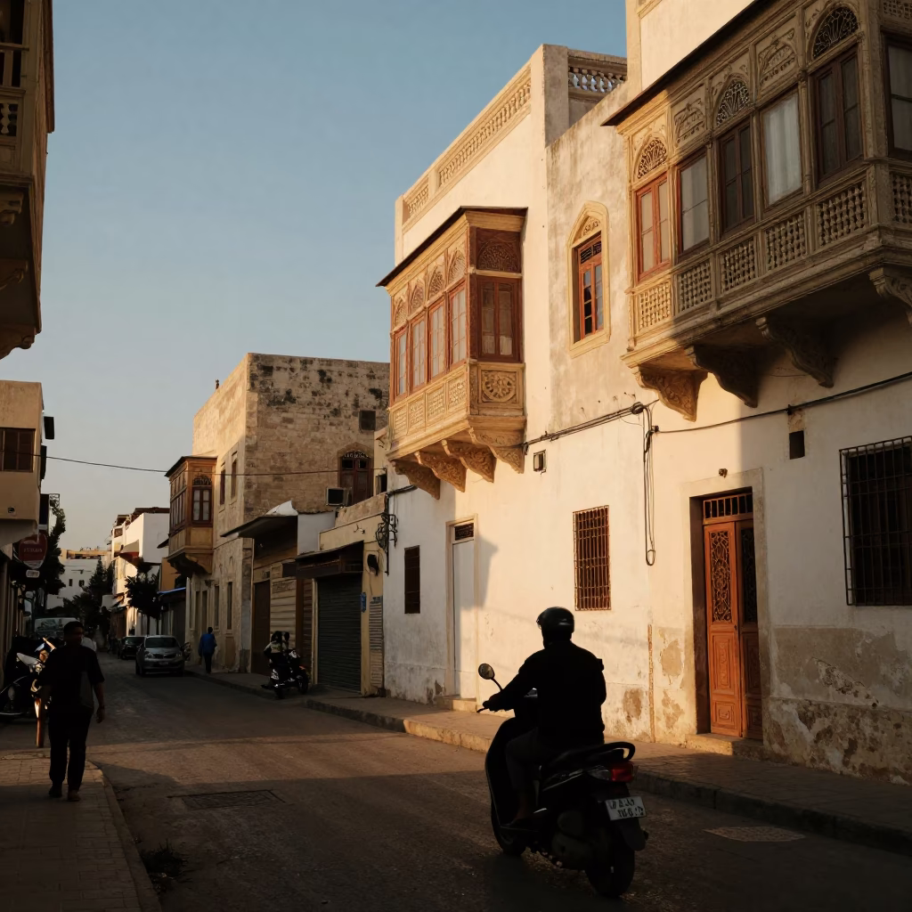 Golden Hour Street Photography in Alexandria Egypt with Scooter and Architectural Details in in Alexandria, Egypt
